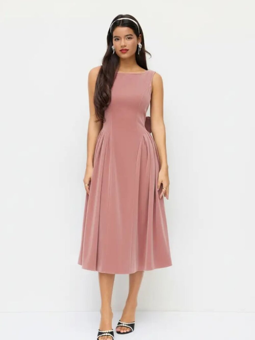 NWT Cider Boat Neck Velvet Bowknot Backless Midi Dress